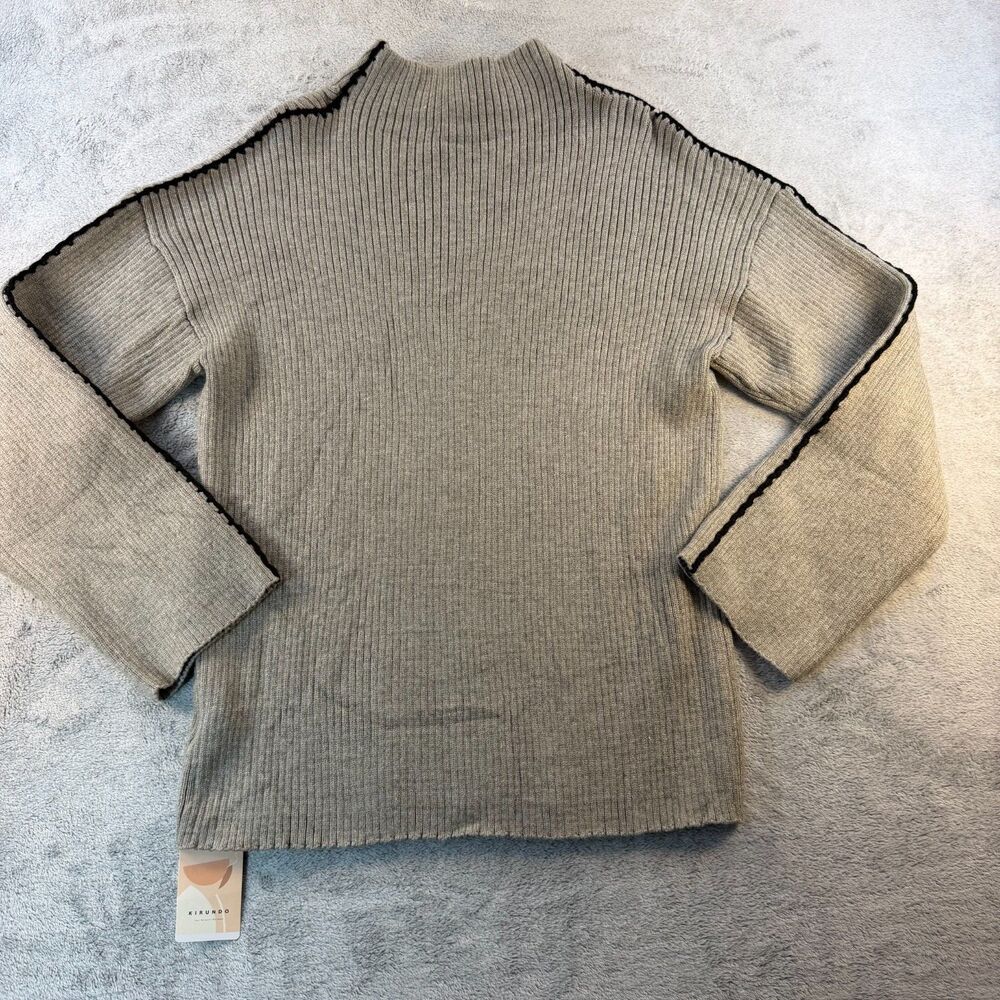 KIRUNDO Women Large Gray Ribbed Mock Neck Sweater Black Trim NWT Soft & Cozy!